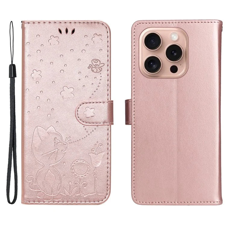 KT Imprinting Flower Series-4 For iPhone 16 Pro Case PU Leather Cat Bee Pattern Phone Cover
