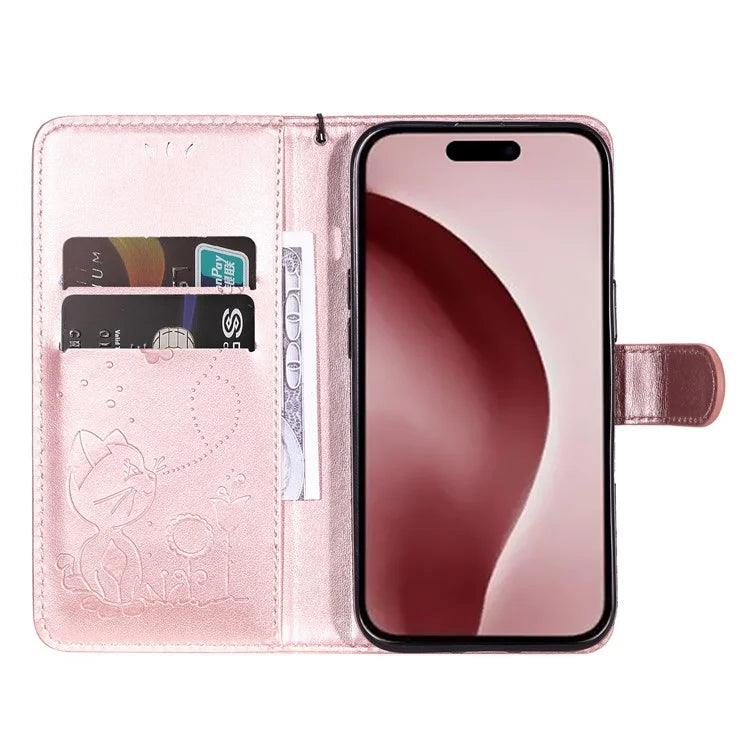 KT Imprinting Flower Series-4 For iPhone 16 Pro Case PU Leather Cat Bee Pattern Phone Cover