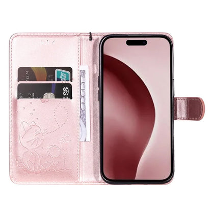 KT Imprinting Flower Series-4 For iPhone 16 Pro Case PU Leather Cat Bee Pattern Phone Cover