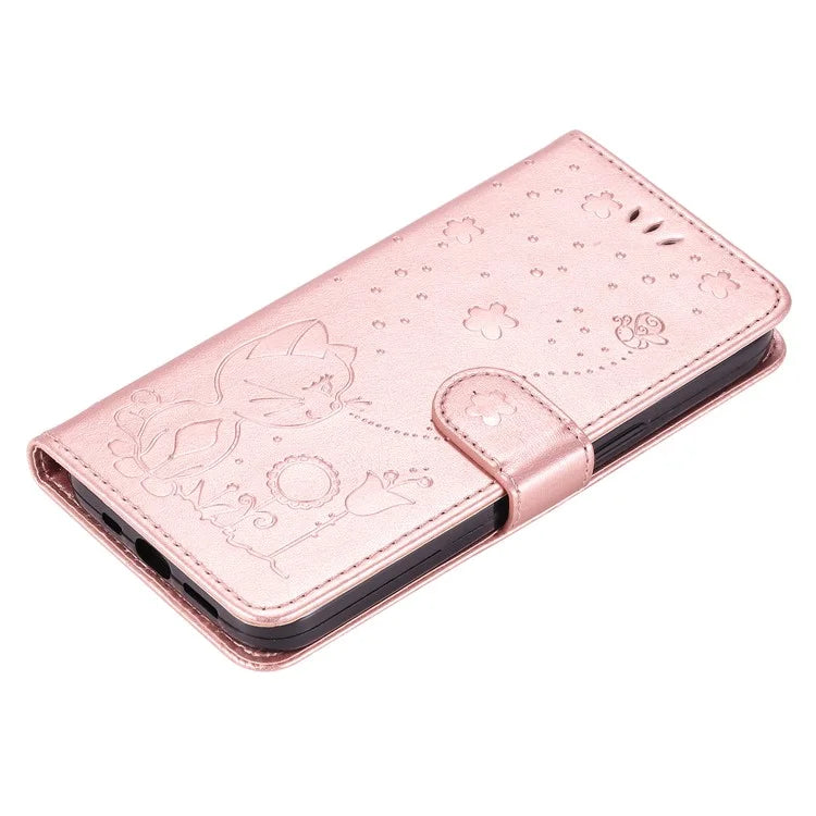 KT Imprinting Flower Series-4 For iPhone 16 Pro Case PU Leather Cat Bee Pattern Phone Cover