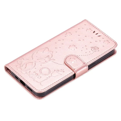 KT Imprinting Flower Series-4 For iPhone 16 Pro Case PU Leather Cat Bee Pattern Phone Cover
