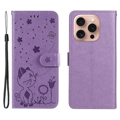 KT Imprinting Flower Series-4 For iPhone 16 Pro Case PU Leather Cat Bee Pattern Phone Cover