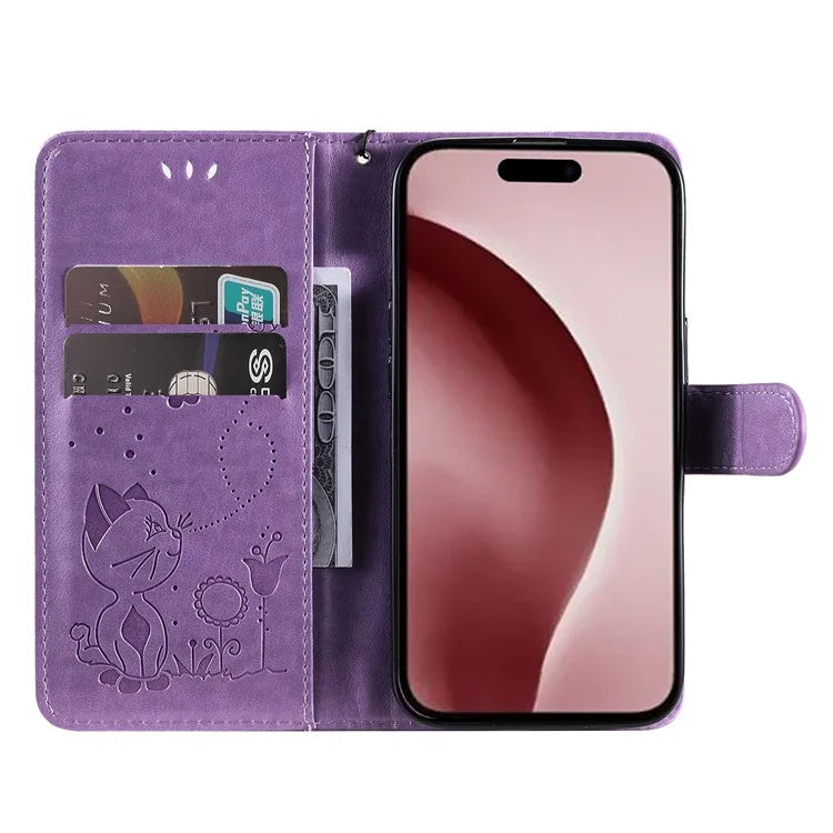 KT Imprinting Flower Series-4 For iPhone 16 Pro Case PU Leather Cat Bee Pattern Phone Cover