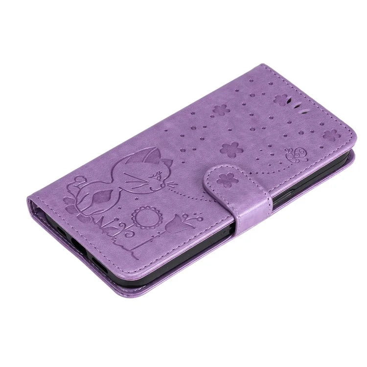 KT Imprinting Flower Series-4 For iPhone 16 Pro Case PU Leather Cat Bee Pattern Phone Cover