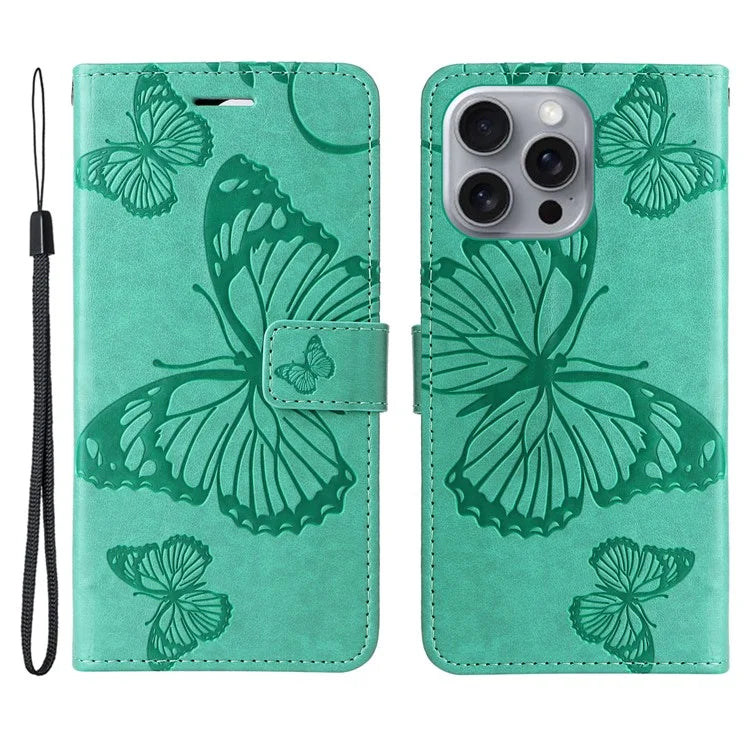KT Imprinting Flower Series-2 For iPhone 16 Pro Max Case Floral Butterfly Design Leather Stand Phone Cover