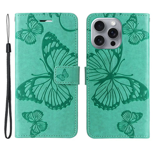 KT Imprinting Flower Series-2 For iPhone 16 Pro Max Case Floral Butterfly Design Leather Stand Phone Cover