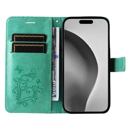 KT Imprinting Flower Series-2 For iPhone 16 Pro Max Case Floral Butterfly Design Leather Stand Phone Cover