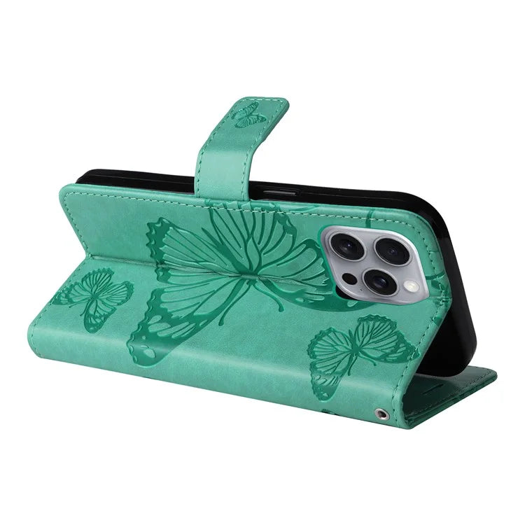 KT Imprinting Flower Series-2 For iPhone 16 Pro Max Case Floral Butterfly Design Leather Stand Phone Cover