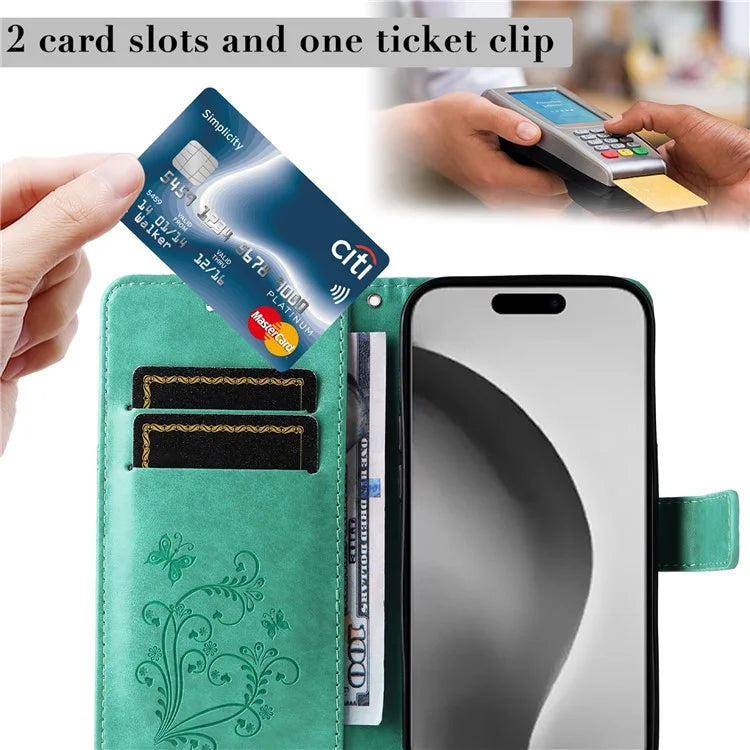 KT Imprinting Flower Series-2 For iPhone 16 Pro Max Case Floral Butterfly Design Leather Stand Phone Cover