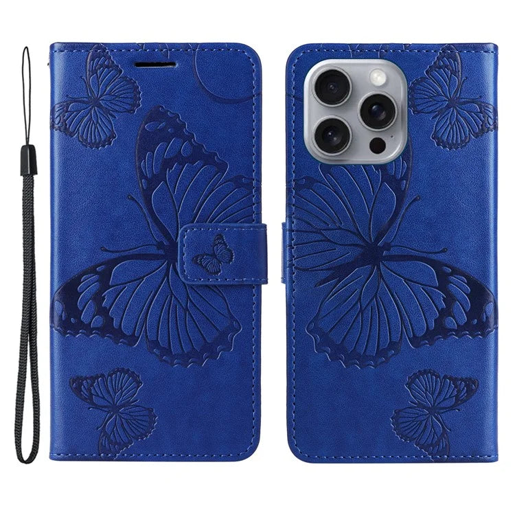 KT Imprinting Flower Series-2 For iPhone 16 Pro Max Case Floral Butterfly Design Leather Stand Phone Cover