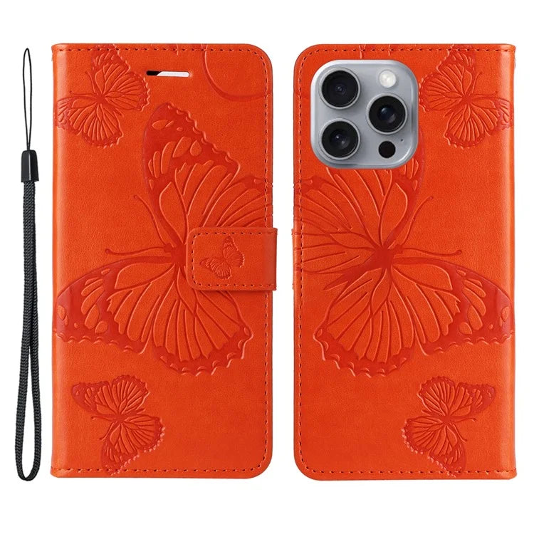 KT Imprinting Flower Series-2 For iPhone 16 Pro Max Case Floral Butterfly Design Leather Stand Phone Cover