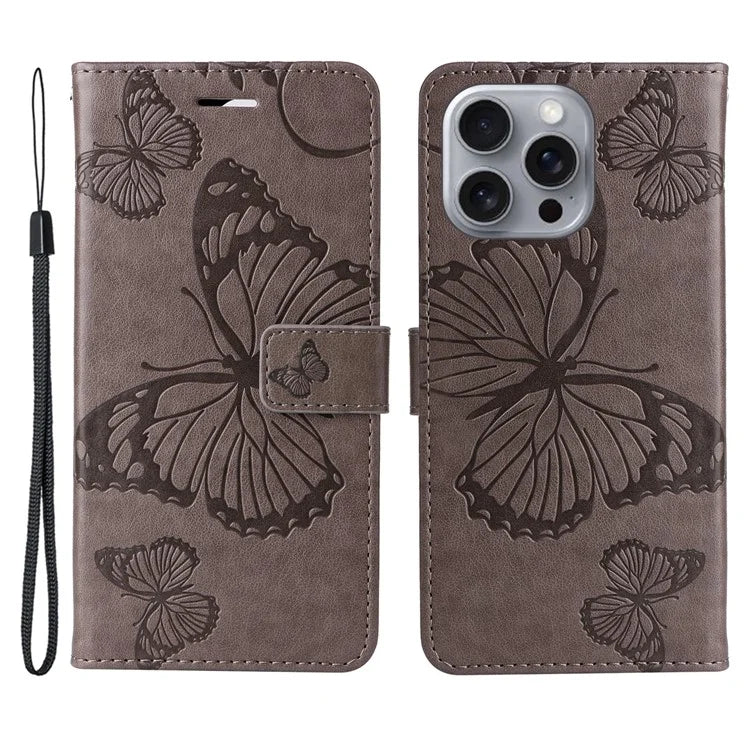 KT Imprinting Flower Series-2 For iPhone 16 Pro Max Case Floral Butterfly Design Leather Stand Phone Cover