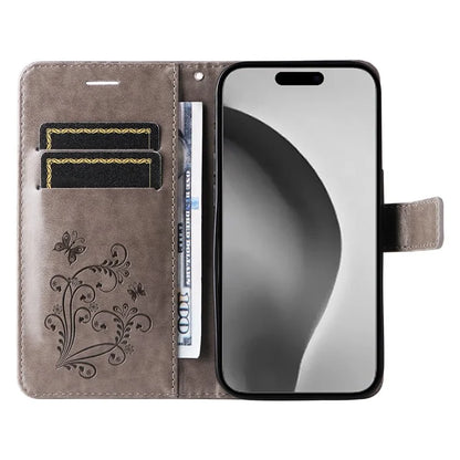 KT Imprinting Flower Series-2 For iPhone 16 Pro Max Case Floral Butterfly Design Leather Stand Phone Cover