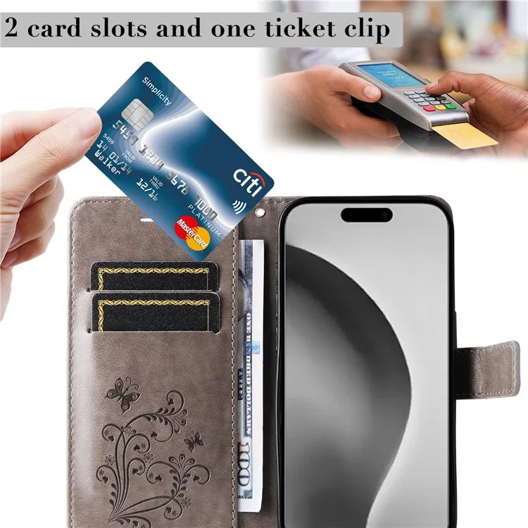 KT Imprinting Flower Series-2 For iPhone 16 Pro Max Case Floral Butterfly Design Leather Stand Phone Cover