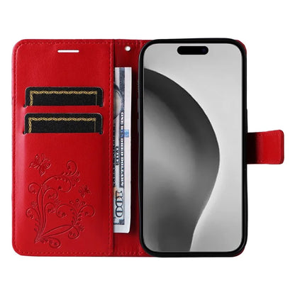 KT Imprinting Flower Series-2 For iPhone 16 Pro Max Case Floral Butterfly Design Leather Stand Phone Cover