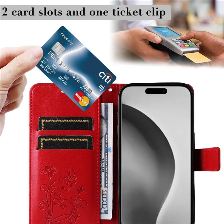KT Imprinting Flower Series-2 For iPhone 16 Pro Max Case Floral Butterfly Design Leather Stand Phone Cover