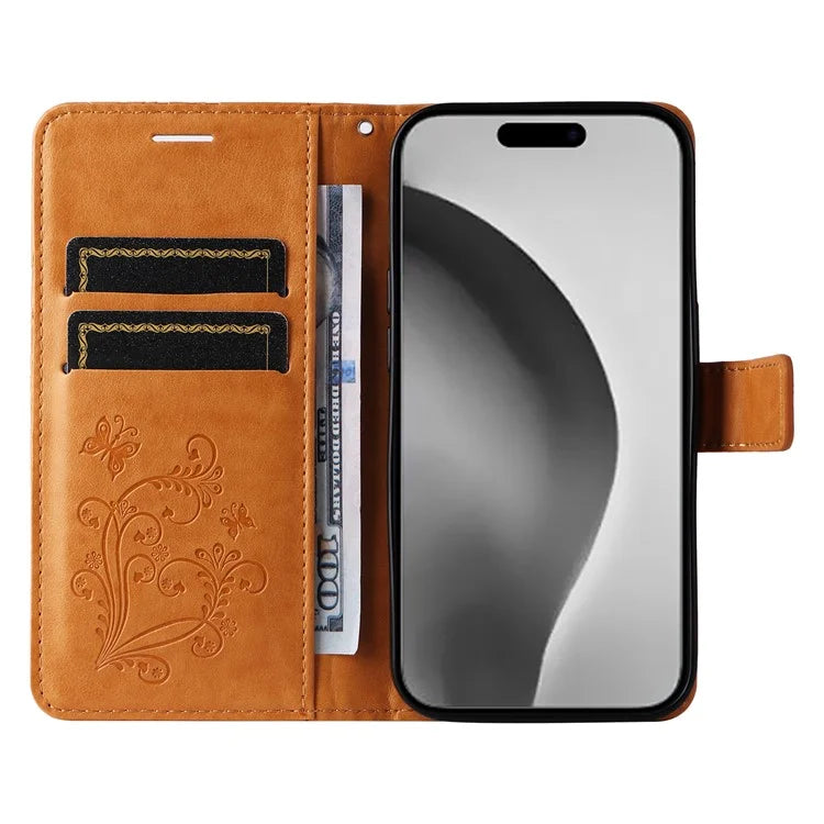 KT Imprinting Flower Series-2 For iPhone 16 Pro Max Case Floral Butterfly Design Leather Stand Phone Cover
