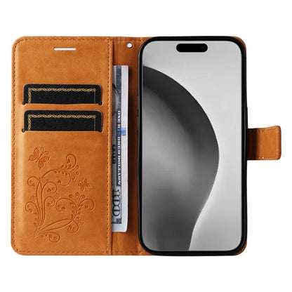 KT Imprinting Flower Series-2 For iPhone 16 Pro Max Case Floral Butterfly Design Leather Stand Phone Cover