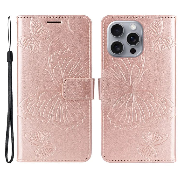 KT Imprinting Flower Series-2 For iPhone 16 Pro Max Case Floral Butterfly Design Leather Stand Phone Cover