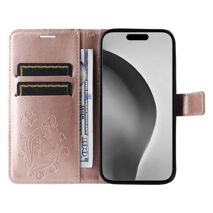 KT Imprinting Flower Series-2 For iPhone 16 Pro Max Case Floral Butterfly Design Leather Stand Phone Cover