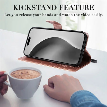 KT Imprinting Flower Series-2 For iPhone 16 Pro Max Case Floral Butterfly Design Leather Stand Phone Cover