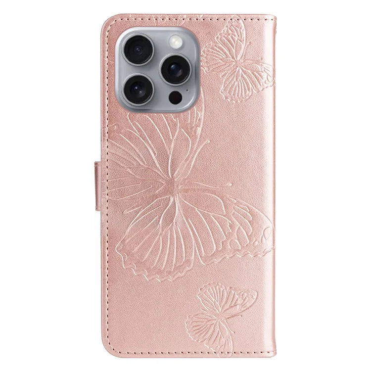 KT Imprinting Flower Series-2 For iPhone 16 Pro Max Case Floral Butterfly Design Leather Stand Phone Cover