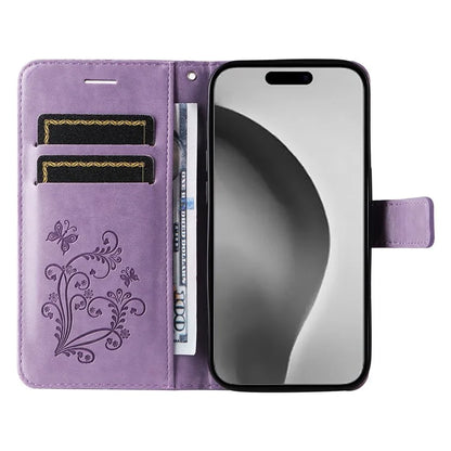 KT Imprinting Flower Series-2 For iPhone 16 Pro Max Case Floral Butterfly Design Leather Stand Phone Cover