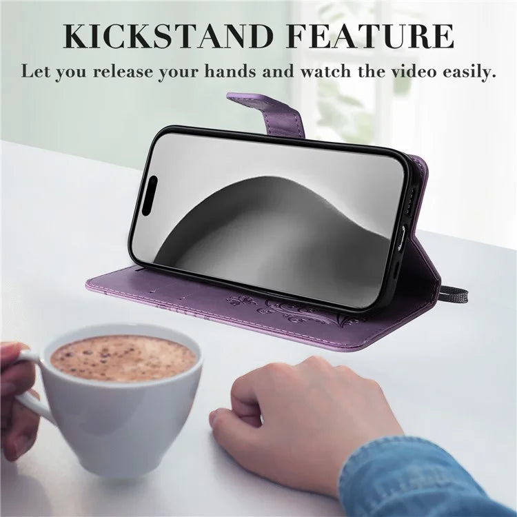 KT Imprinting Flower Series-2 For iPhone 16 Pro Max Case Floral Butterfly Design Leather Stand Phone Cover