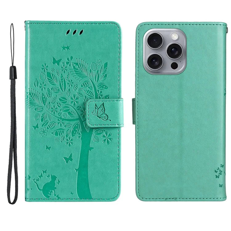 KT Imprinting Flower Series-3 For iPhone 16 Pro Max Case Protective PU Leather Phone Cover Cat Tree Pattern