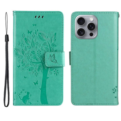 KT Imprinting Flower Series-3 For iPhone 16 Pro Max Case Protective PU Leather Phone Cover Cat Tree Pattern