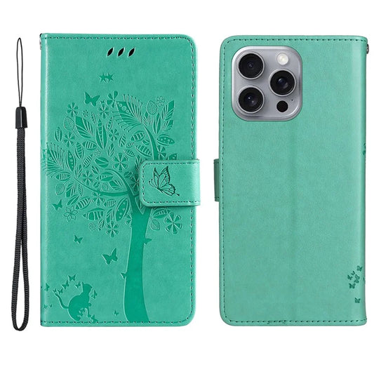 KT Imprinting Flower Series-3 For iPhone 16 Pro Max Case Protective PU Leather Phone Cover Cat Tree Pattern