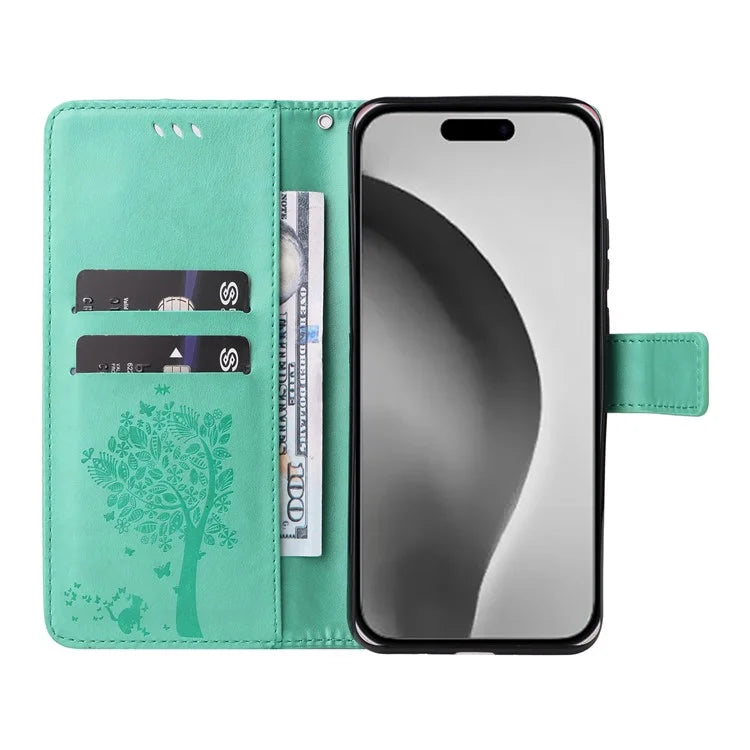 KT Imprinting Flower Series-3 For iPhone 16 Pro Max Case Protective PU Leather Phone Cover Cat Tree Pattern