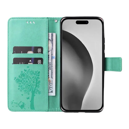 KT Imprinting Flower Series-3 For iPhone 16 Pro Max Case Protective PU Leather Phone Cover Cat Tree Pattern