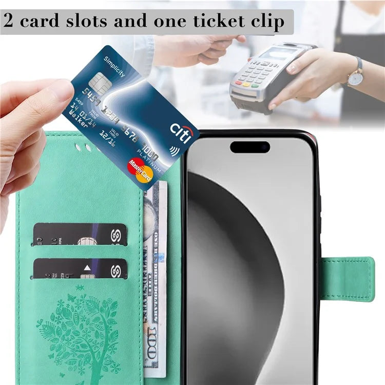 KT Imprinting Flower Series-3 For iPhone 16 Pro Max Case Protective PU Leather Phone Cover Cat Tree Pattern