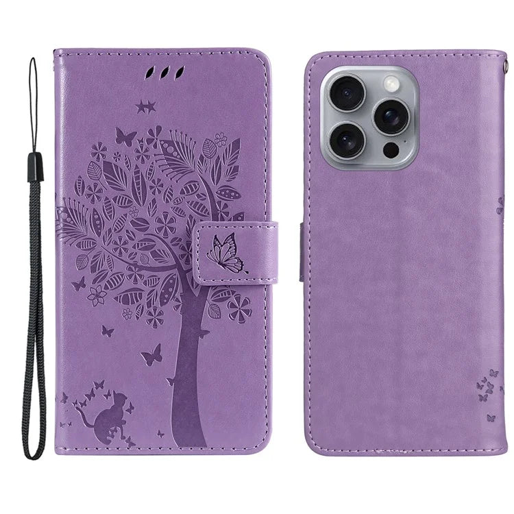 KT Imprinting Flower Series-3 For iPhone 16 Pro Max Case Protective PU Leather Phone Cover Cat Tree Pattern