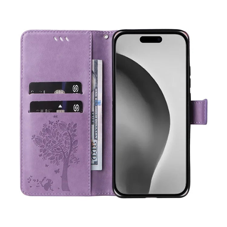 KT Imprinting Flower Series-3 For iPhone 16 Pro Max Case Protective PU Leather Phone Cover Cat Tree Pattern