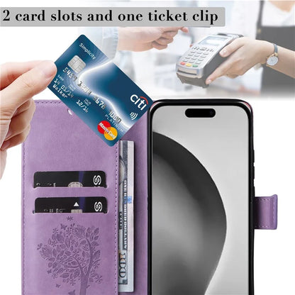KT Imprinting Flower Series-3 For iPhone 16 Pro Max Case Protective PU Leather Phone Cover Cat Tree Pattern