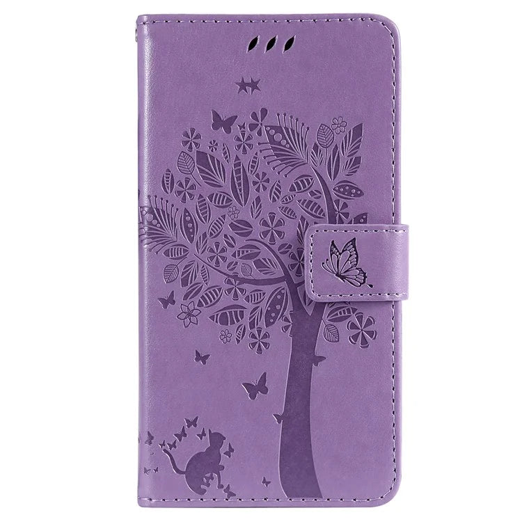 KT Imprinting Flower Series-3 For iPhone 16 Pro Max Case Protective PU Leather Phone Cover Cat Tree Pattern