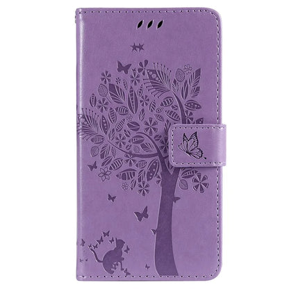 KT Imprinting Flower Series-3 For iPhone 16 Pro Max Case Protective PU Leather Phone Cover Cat Tree Pattern