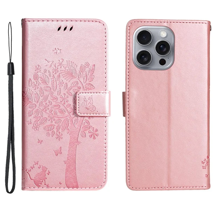 KT Imprinting Flower Series-3 For iPhone 16 Pro Max Case Protective PU Leather Phone Cover Cat Tree Pattern