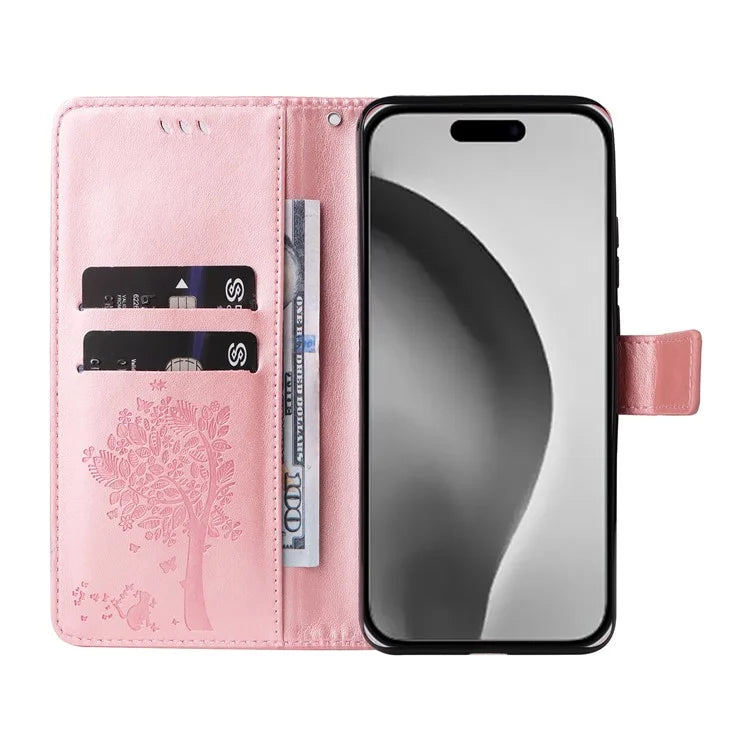 KT Imprinting Flower Series-3 For iPhone 16 Pro Max Case Protective PU Leather Phone Cover Cat Tree Pattern