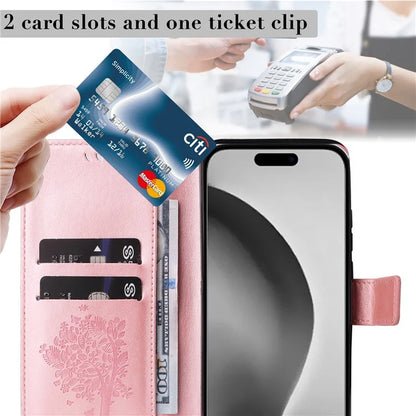 KT Imprinting Flower Series-3 For iPhone 16 Pro Max Case Protective PU Leather Phone Cover Cat Tree Pattern