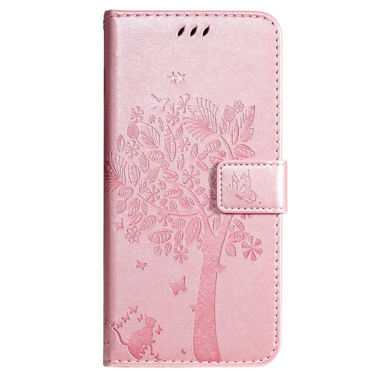 KT Imprinting Flower Series-3 For iPhone 16 Pro Max Case Protective PU Leather Phone Cover Cat Tree Pattern