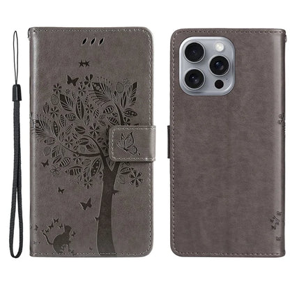 KT Imprinting Flower Series-3 For iPhone 16 Pro Max Case Protective PU Leather Phone Cover Cat Tree Pattern