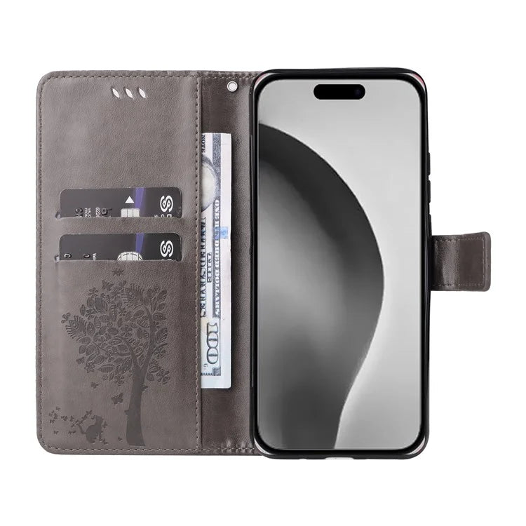 KT Imprinting Flower Series-3 For iPhone 16 Pro Max Case Protective PU Leather Phone Cover Cat Tree Pattern