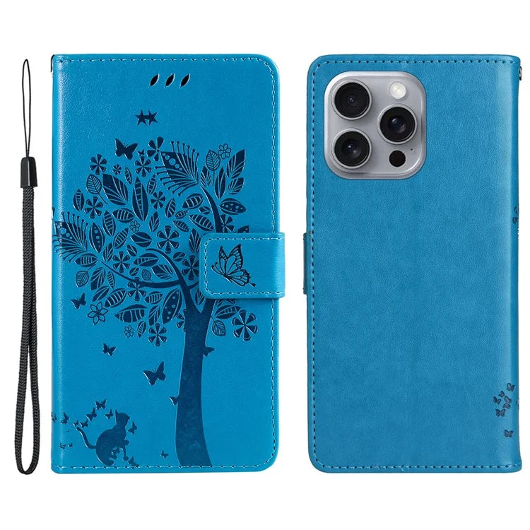 KT Imprinting Flower Series-3 For iPhone 16 Pro Max Case Protective PU Leather Phone Cover Cat Tree Pattern