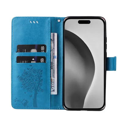 KT Imprinting Flower Series-3 For iPhone 16 Pro Max Case Protective PU Leather Phone Cover Cat Tree Pattern