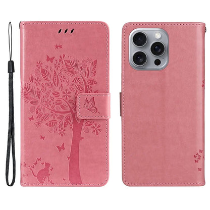 KT Imprinting Flower Series-3 For iPhone 16 Pro Max Case Protective PU Leather Phone Cover Cat Tree Pattern