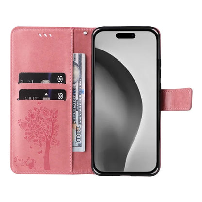 KT Imprinting Flower Series-3 For iPhone 16 Pro Max Case Protective PU Leather Phone Cover Cat Tree Pattern