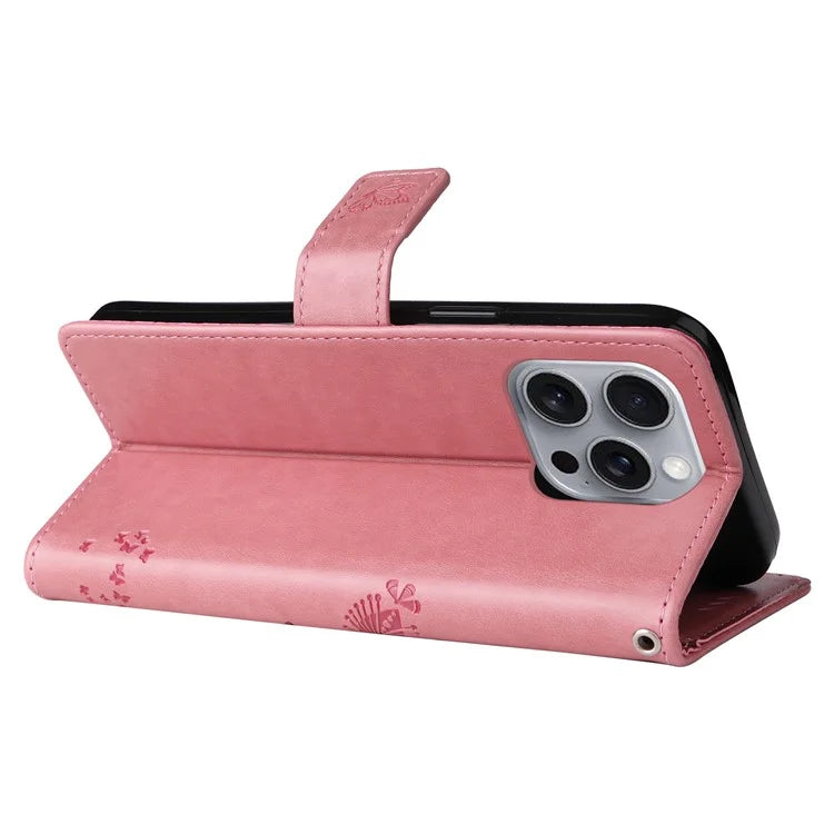 KT Imprinting Flower Series-3 For iPhone 16 Pro Max Case Protective PU Leather Phone Cover Cat Tree Pattern